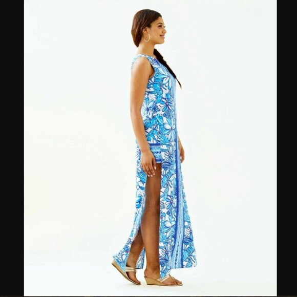 Lilly Pulitzer Dress Womens 6 Blue White Floral Donna Maxi Romper Sleeveless - Picture 2 of 16